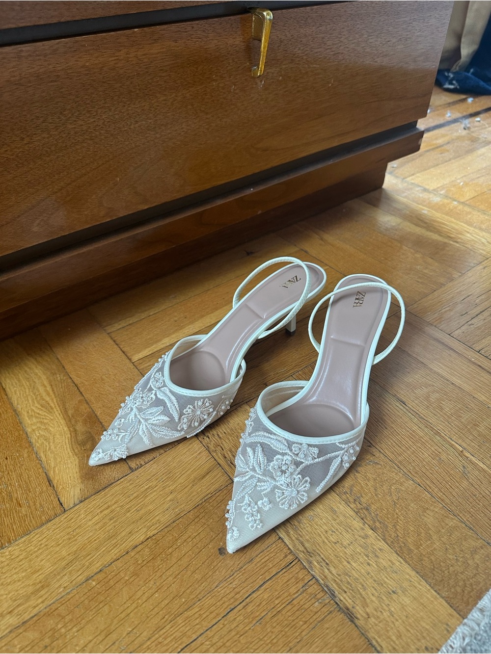 Zara Embroidered Mesh Slingback Heels in Ivory